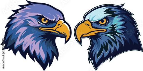 Bald Eagle Head Illustration: Two Eagle Heads in Profile Representing Team Mascots or Competitive Imagery Featuring Contrasting Colors and Aggressive Expressions on White Background and Vector Design