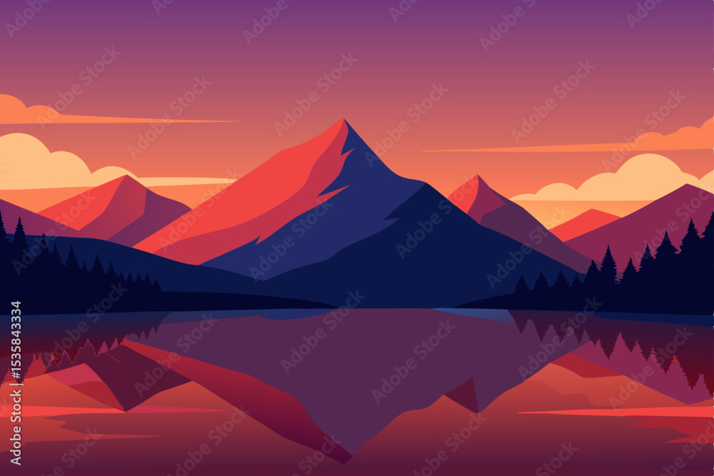 Naklejka premium Sunrise over misty mountain peaks, a beautiful nature landscape with a vibrant sky and soft clouds