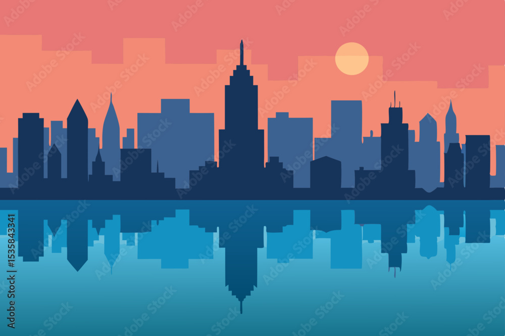 Obraz premium New York City and Chicago urban skylines at sunset, featuring iconic buildings, towers, and reflections, are stunning vector illustrations of American cityscapes