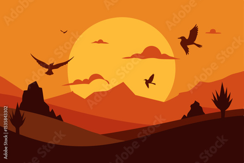 Vector silhouette of a desert landscape at sunset with a camel and birds, highlighting the orange sky and distant mountains
