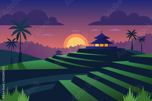Golden sun dips below the horizon, painting a vast rice field landscape with silhouettes of palm trees and distant hills under a tropical sky