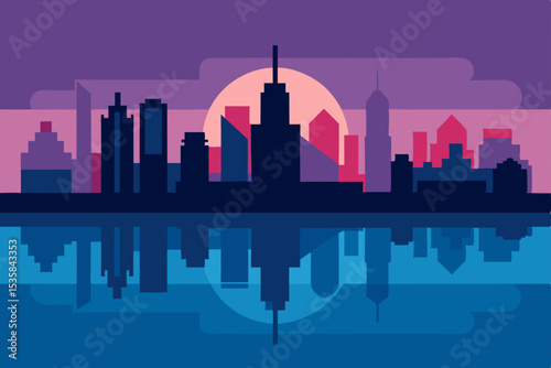 Chicago city skyline silhouette vector illustration at night and sunset