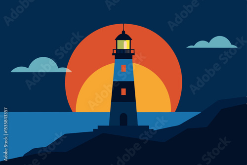 A guiding light from a coastal lighthouse illuminates the dark, vast sea