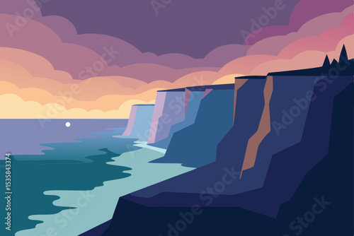Golden sunset paints the sky over the sea, casting a warm glow on the coastal landscape and rugged cliffs