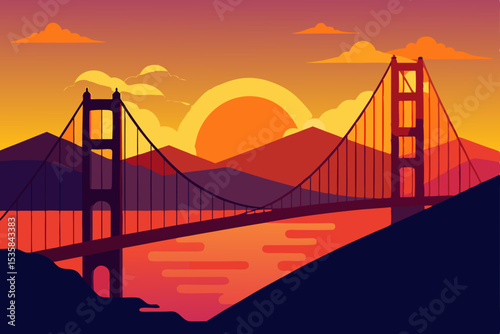 Golden Gate Bridge at sunset in San Francisco, California, a landmark suspension bridge over the bay
