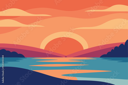 Golden summer sunset over the beach and calm sea, painting the sky with orange and red hues