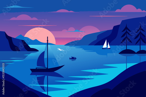 A beautiful sailboat glides across the tranquil blue ocean at sunset, surrounded by a serene sky and distant mountains