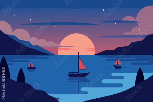 A majestic sailing ship cruises across the moonlit ocean, a perfect summer night illustration for your next tropical island vacation