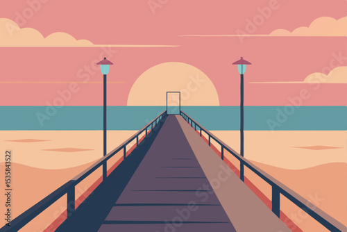 A lone wooden pier stretches into the calm sea at sunset, creating a serene coastal landscape