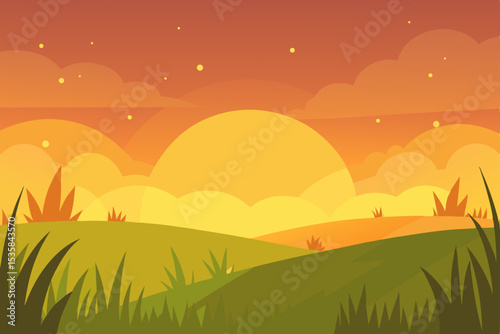 Vibrant sunset painting a serene landscape with rolling hills, lush green fields, and distant mountains under a dramatic sky