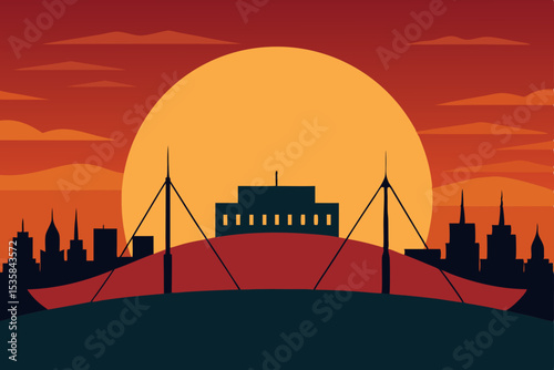 London city vector silhouette skyline illustration at sunset with urban architecture and a cargo ship on the sea