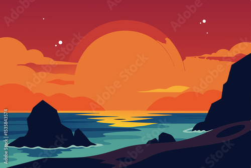 Golden sunset light paints the sky and sea, a tranquil beach landscape with a distant island on the horizon