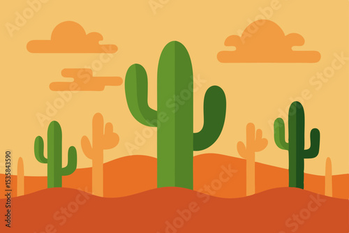 A vibrant vector illustration of a green saguaro cactus in a hot Arizona desert landscape under a clear sky