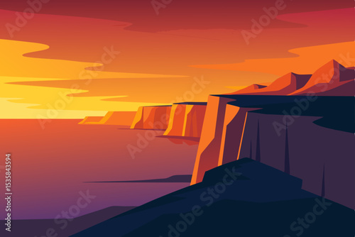 Beautiful sunset over the mountains, with an orange and red sky casting light across the serene landscape