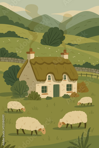 Cozy countryside landscape with a stone cottage and grazing sheep. Picturesque rural scenery in soft earthy tones.  