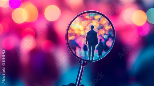 man holding magnifying glass with man in center