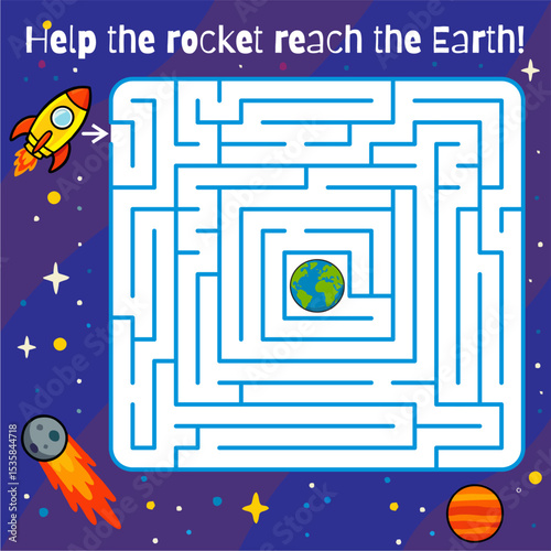 Colorful space maze game for kids. Help the rocket find its way through the maze to reach planet Earth. Educational and fun printable activity for children.