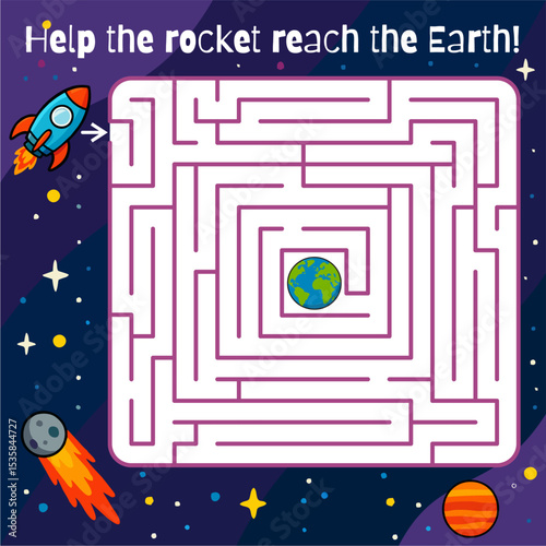 Colorful space maze game for kids. Help the rocket find its way through the maze to reach planet Earth. Educational and fun printable activity for children.