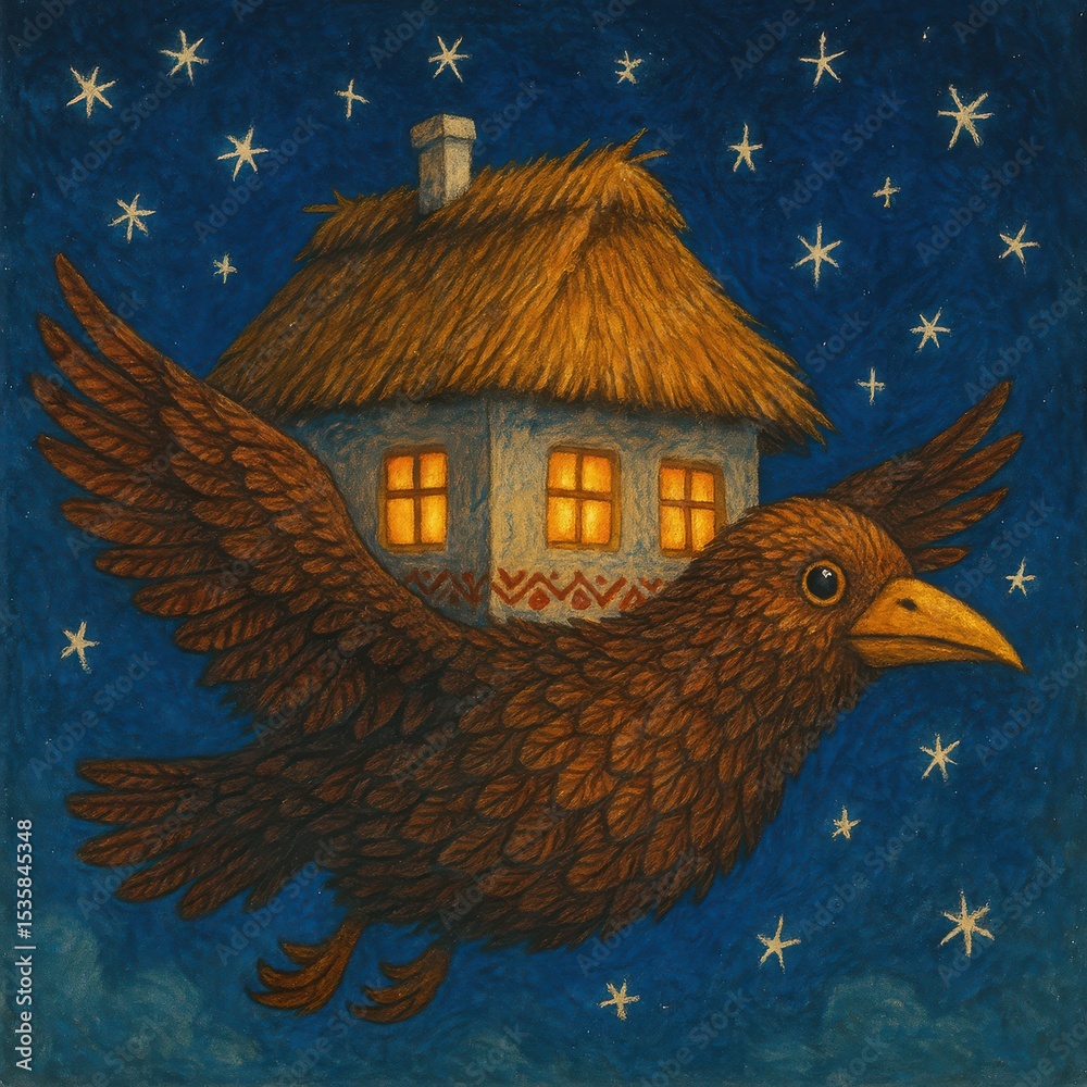 Fototapeta premium Ethnic House-Bird Under Starry Sky