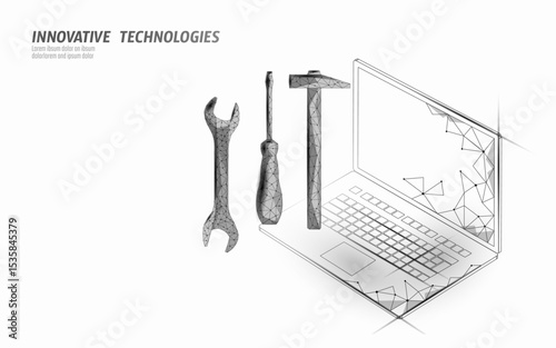 Laptop repair concept illustration. Device maintenance fixing technical support. Computer technology services website development engineering. Minimalist geometric style white background vector