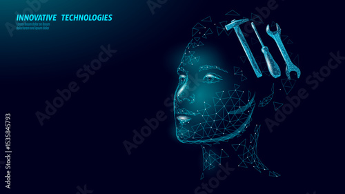 Digital face combines tools concept. Abstract human head represents engineering maintenance construction. Innovation technology repair automation ai. Low poly teal background vector