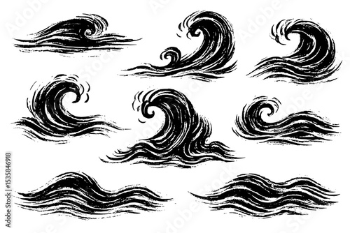 ink brush style waves, crayon, brush, pen, shapes, water, ocean, tsunami