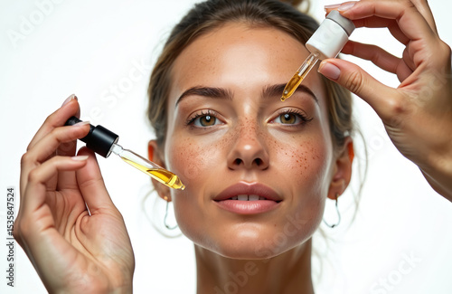 Woman applies serum with dropper on face. Natural fresh glowing skin with freckles, anti-aging product with vitamin c, collagen for facial treatment, beauty skin care. Spa procedure, cosmetology.