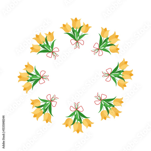 Flowers, yellow tulips with a bow. Hand drawn flowers. Round frame, border. Place for text. Drawing, vector graphics, isolated on white background.