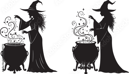 Witch Brewing Potion in Cauldron icon vector illustration