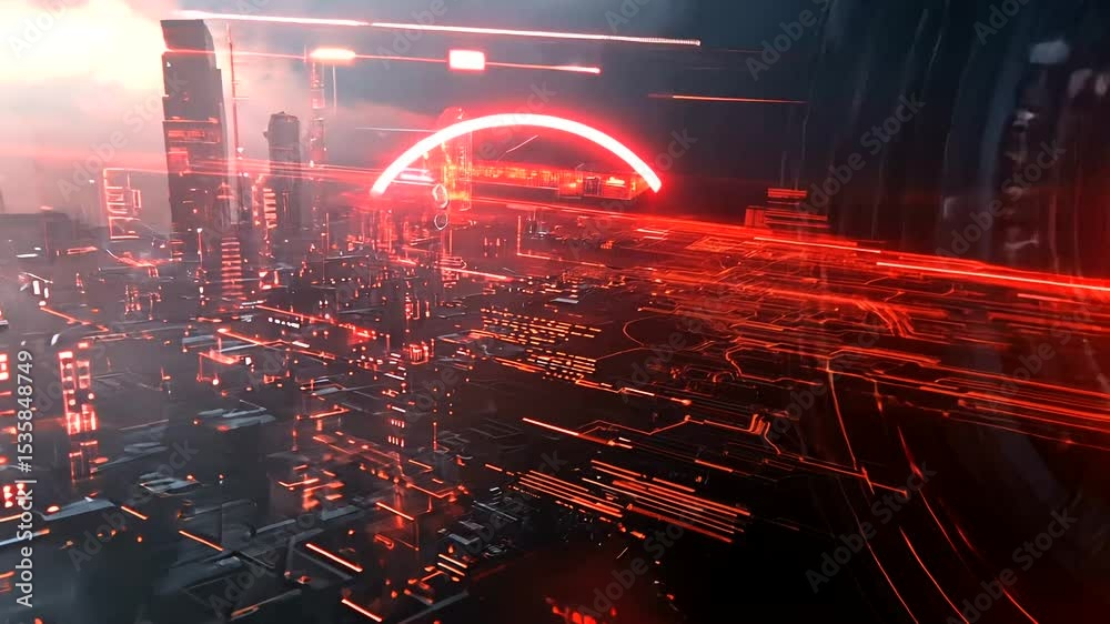 Futuristic cityscape with glowing red technology elements and a dramatic skyline at dusk