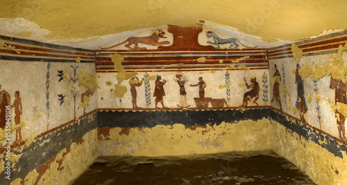 The chamber of the Tomb of the Jugglers in the Etruscan necropolis of Monterozzi in Tarquinia Italy. The necropolis is a UNESCO world heritage site.