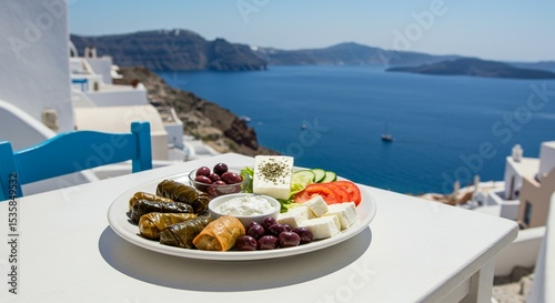 Mediterranean Platter with Feta, Olives, and Stuffed Grape Leaves on White Table