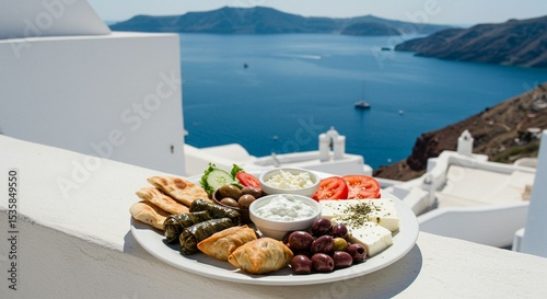 Mediterranean Plate with Feta, Dolma, and Bread Overlooking Ocean