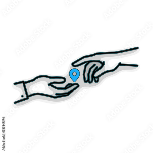 Icon of hands exchanging support symbol with location pin  