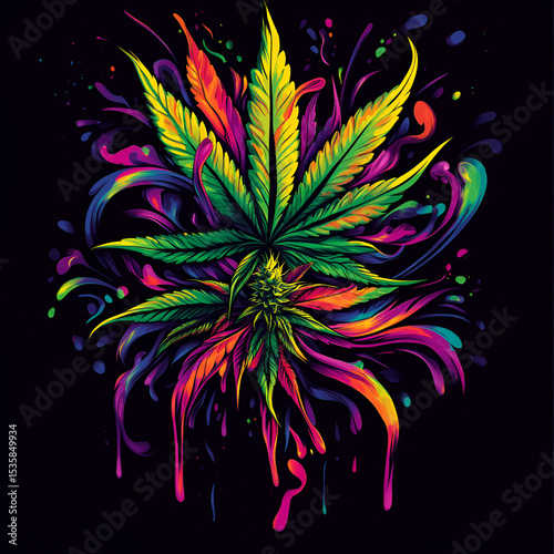 Colorful Psychedelic Cannabis Leaf Illustration with Neon Paint Splashes and Artistic Drips on Black Background for Festival or Counterculture Design