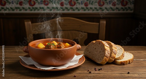 Steaming Rustic Soup with Bread on Wooden Table Surface