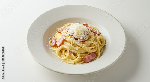 Creamy Pasta Carbonara with Bacon and Cheese in Round Plate on White