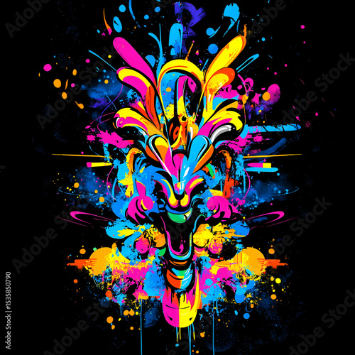 Explosive Neon Animal Face in Abstract Street Art Style with Colorful Paint Splashes and Graffiti Elements on Dark Background