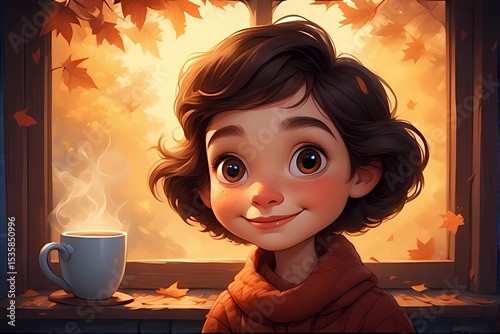 Cozy Autumn Cartoon Vibes: Warm Drink by Window Wallpaper
Autumn Morning: Cartoon Girl and Cat with Hot Beverage Background
Comforting Fall Scene: Cartoon Mug, Leaves, and Window Desktop Wallpaper
