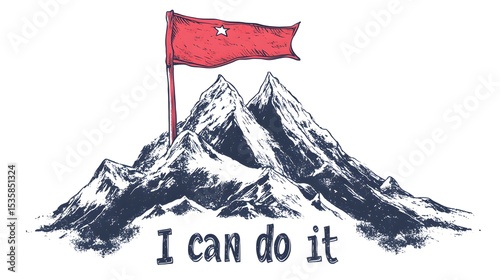 Detailed Motivational Art Illustration Featuring a Victory Flag and Majestic Mountain Overcoming Hardships With an Uplifting 