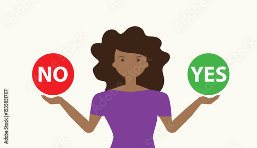 confused casual woman with hands making decision yes or no concept