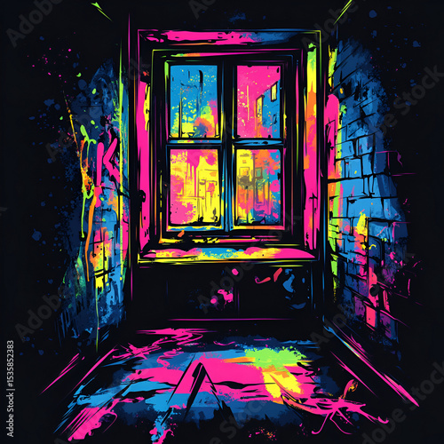 Grungy Neon Paint Splattered Window Scene in Urban Room Interior with Colorful Graffiti Light Reflections on Brick Walls and Floor