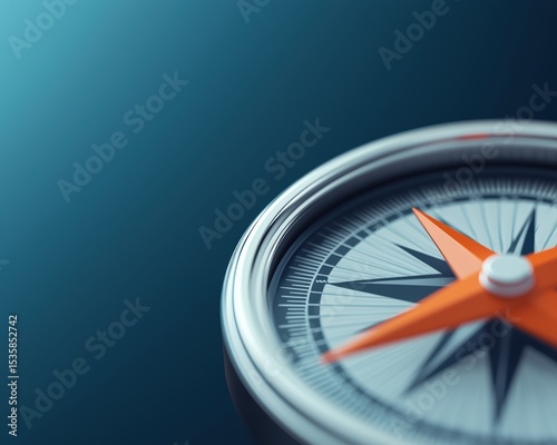 Close-up of a modern compass with an orange needle pointing north, set against a smooth blue background, symbolizing direction and navigation.