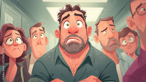 Embarrassed man sweats unexpectedly in a crowded space photo