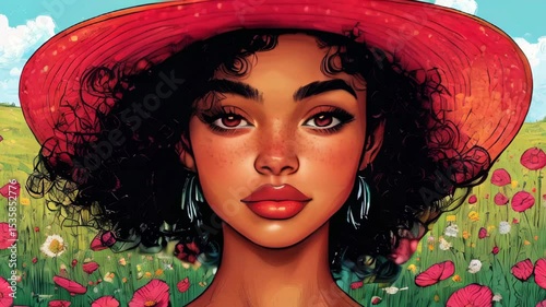 A beautiful woman in a big red hat on a blooming meadow.
