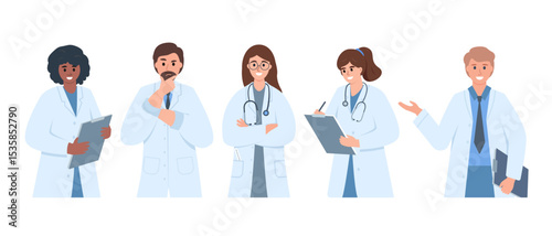 Set of Doctor or nurse characters in uniform. Male and female hospital or clinic workers in different poses. Vector illustration isolated on white background.