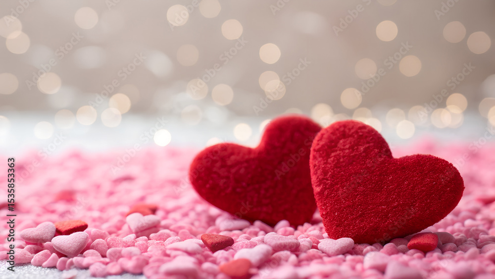 Obraz premium Two red hearts sit among pink heart shaped candy sprinkles with bokeh background