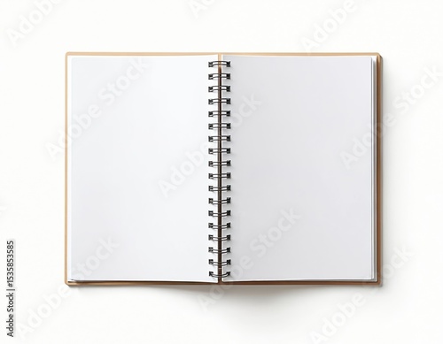 Open blank notebook with white pages on white background. Spiral binding. Diary or planner for notes ideas concepts. Minimalist design. Copy space. Clean, simple, business, office concept. photo