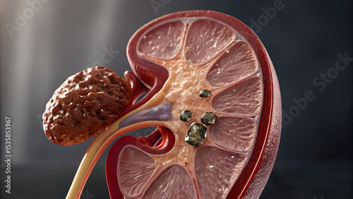 Cross section of a kidney showing kidney stones and a tumor