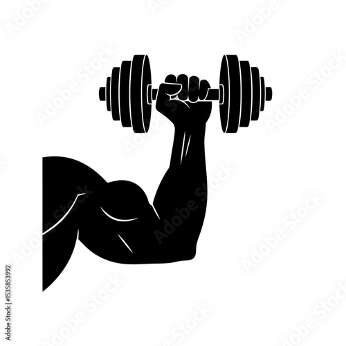 A minimalist illustration features a solid black silhouette of a muscular right arm lifting a dumbbell against a stark transparent background
